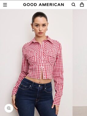Good American Red and White Gingham Cropped Button-Up Shirt